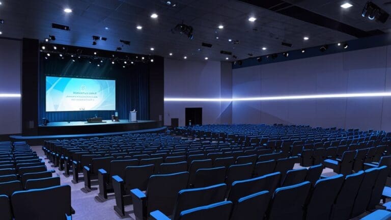 Escena moderna de un evento tecnológico con presentaciones digitales en un auditorio