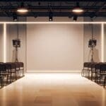 Moderno centro de conferencias con decoración tecnológica, luces LED y asistentes reunidos en mesas redondas