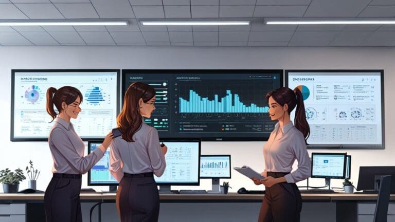 Oficina moderna con equipo tecnológico y pantallas mostrando datos financieros