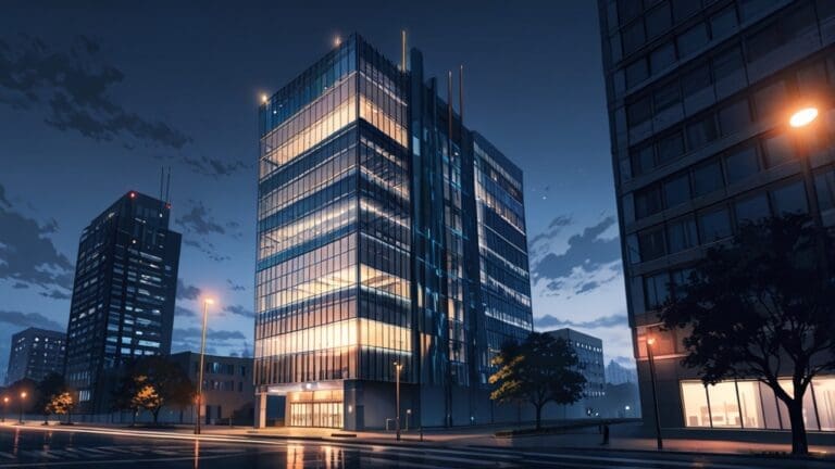 Edificio moderno de una startup tecnológica con luces de ciudad al anochecer