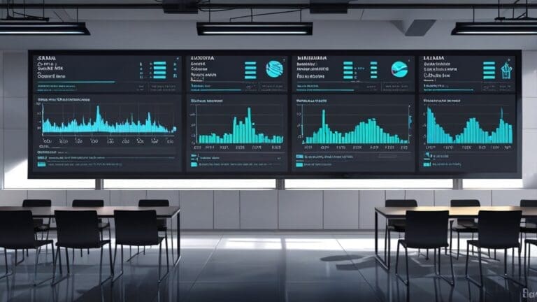 Sala de juntas moderna con pantallas digitales mostrando gráficos y datos