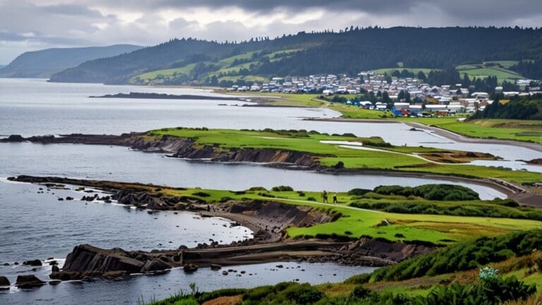 Paisaje costero de Chiloé con modernas oficinas al fondo