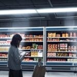 Aplicación móvil abierta mostrando estadísticas de reducción de desperdicio alimentario en una oficina moderna.