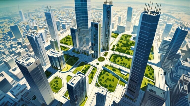 Vista aérea de una ciudad innovadora con áreas verdes intercaladas y edificios modernos