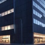 Edificios corporativos modernos con luces encendidas al anochecer
