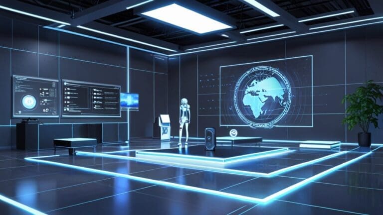 Interior de un moderno estudio de innovación con hologramas y pantallas digitales