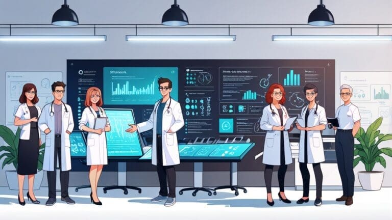 Oficina moderna de startup tecnológica con elementos médicos innovadores