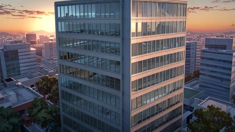 Vista aérea de un moderno edificio de oficinas en el centro de una ciudad tecnológica al amanecer