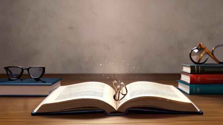 Lupa digital sobre libro con fondo de escritorio moderno