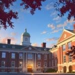 Edificio de la Universidad de Harvard con luz suave de tarde.