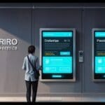 Entorno moderno y tecnológico con pantallas digitales mostrando procesos de pago avanzados.