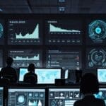 Oficina moderna con personas trabajando en computadoras con gráficos de inteligencia artificial en pantalla