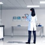 Oficina moderna con pantallas mostrando aplicaciones de IA médica