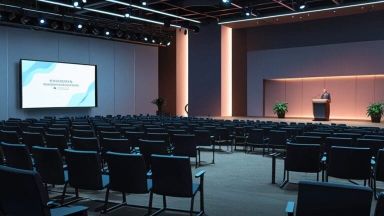 Moderna sala de conferencias en Dubái con un enfoque en tecnología fintech.