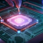 Primer plano de un microchip futurista iluminado con luces láser en un laboratorio tecnológico limpio