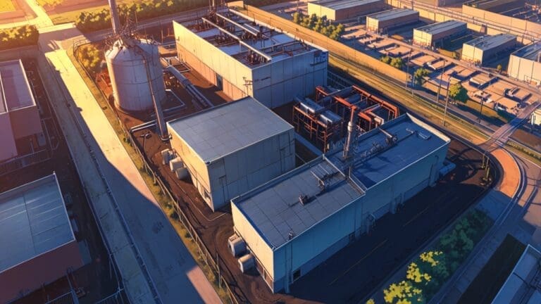 Vista aérea de un parque industrial con edificios modernos al amanecer