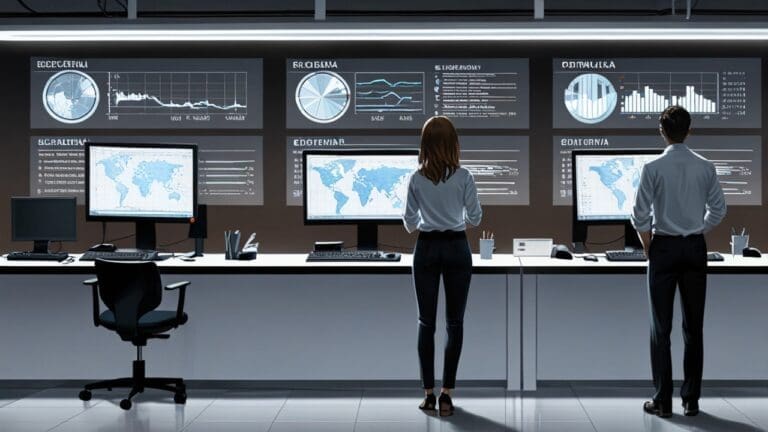 Oficina moderna con computadoras y gráficos digitales en las pantallas