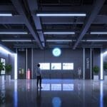 Interior moderno de un centro de innovación con tecnología de última generación y pantallas digitales.