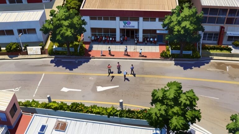 Vista aérea de un centro de votación en Ecuador durante las elecciones, rodeado de vegetación y personas en movimiento