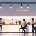 Recinto tecnológico moderno con un grupo de personas intercambiando ideas en estaciones de trabajo