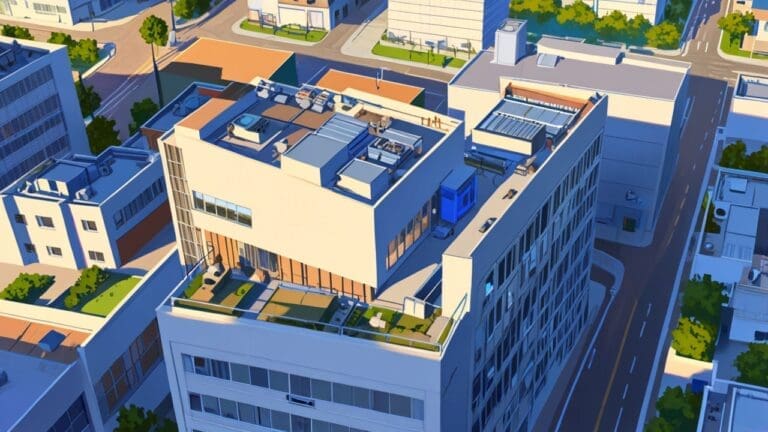 Vista aérea de edificios escolares y tecnológicos con un paisaje urbano moderno bajo un cielo despejado