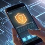 Close-up de un dispositivo móvil mostrando una interfaz de seguridad digital sobre un fondo tecnológico moderno.