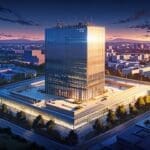 Vista aérea de un centro de innovación tecnológica con edificios modernos y estructuras de vidrio al amanecer