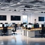 Oficinas modernas de una startup tecnológica con ordenadores y equipo de trabajo en mesas blancas