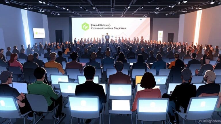 Imagen de un moderno centro de conferencias con stands de startups tecnológicas