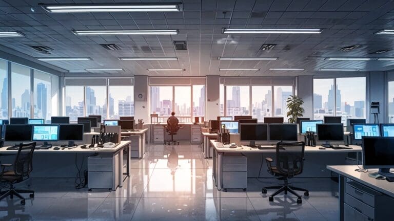 Panorámica de una moderna oficina tecnológica con pantallas y equipos, en un ambiente profesional.