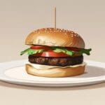 Primer plano de una hamburguesa de champiñones en un elegante plato de presentación con fondo moderno y minimalista.