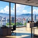 Oficinas modernas de una startup tecnológica con vista panorámica de Lima