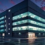 Edificio moderno de una empresa tecnológica con luces encendidas al anochecer, representando el auge de las startups.