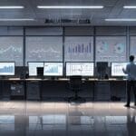 Interior de una oficina moderna con pantallas que muestran análisis de datos en tiempo real en un entorno tecnológico