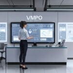 Oficina moderna con equipos de alta tecnología y pantallas mostrando contenido digital innovador