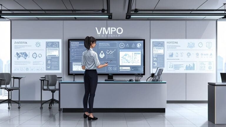 Oficina moderna con equipos de alta tecnología y pantallas mostrando contenido digital innovador