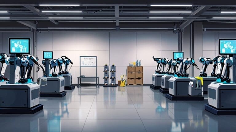 Vista de un almacén moderno con robots y sistemas automatizados organizando mercancías