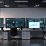 Moderna oficina corporativa con computadores y pantallas mostrando gráficos de datos tecnológicos