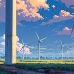 Parque eólico moderno con aerogeneradores de diseño innovador al amanecer, cielo claro