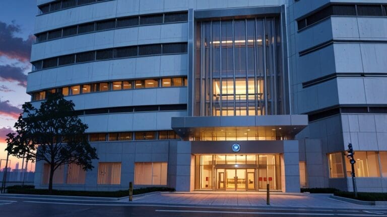 Un edificio corporativo con cámaras de seguridad modernas al anochecer.