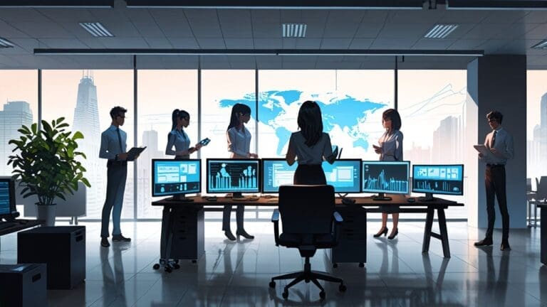 Oficina moderna con equipos de tecnología de vanguardia y pantallas de código.