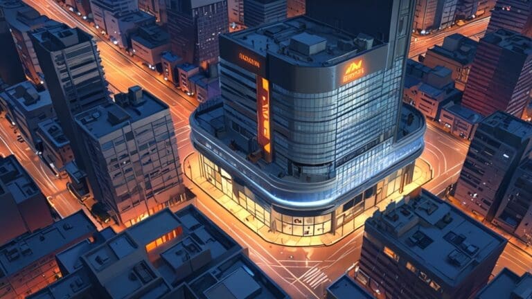 Vista aérea de un moderno centro tecnológico con edificios futuristas al atardecer