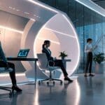 Oficinas modernas y futuristas con elementos tecnológicos innovadores.
