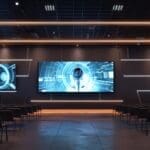 Interior de una sala moderna de conferencias con pantallas digitales y gráficos futuristas de IA en las paredes