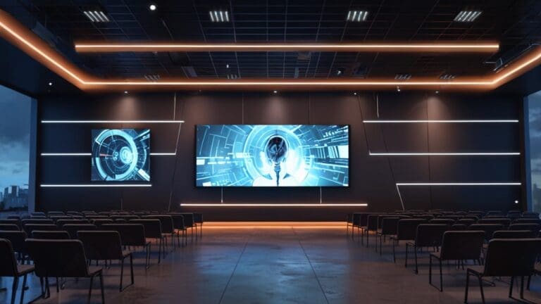 Interior de una sala moderna de conferencias con pantallas digitales y gráficos futuristas de IA en las paredes