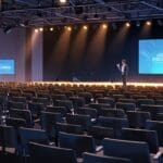 Escena profesional de un evento tecnológico con presentaciones y asistentes concentrados