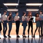Jóvenes profesionales colaborando en un moderno espacio de co-working con pantallas digitales.