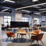 Espacio de coworking moderno con equipos tecnológicos, pantallas y mesas de trabajo en un entorno urbano.