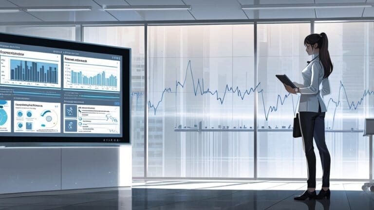 Oficina moderna con tecnología avanzada y pantallas digitales mostrando datos de salud