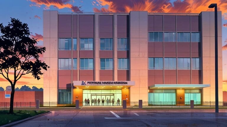 Edificio moderno del Instituto Nacional de Migración al amanecer